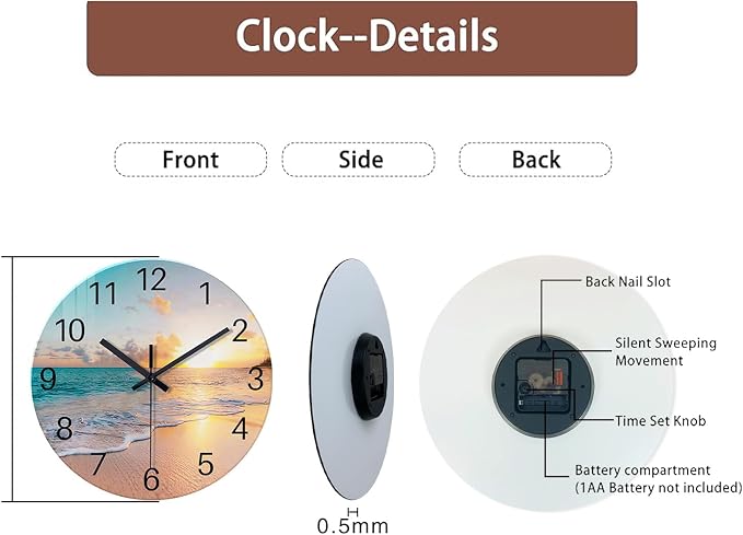 Beach Wall Clock Battery Operated 12 Inch Glass Wall Clock Non Ticking Analog - Image 7