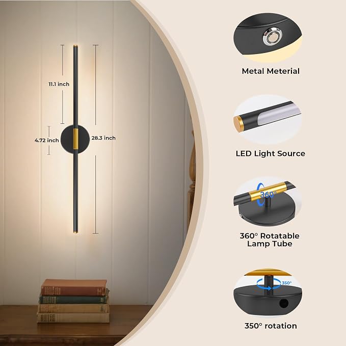 GvvooHome 28" Battery Operated Wall Sconce, 360°Rotation Wireless Rechargeable - Image 3