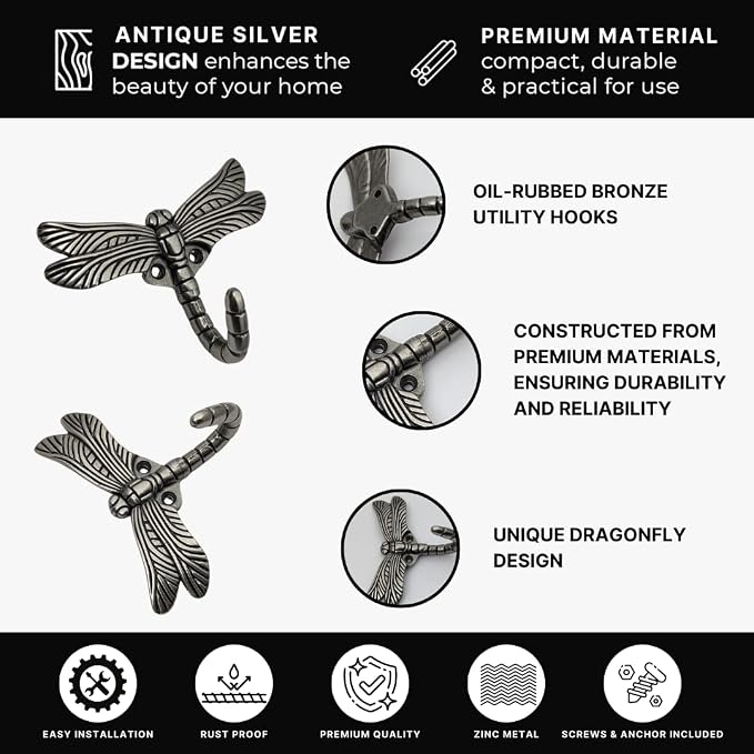 6 pcs Antique Silver Dragonfly Decorative Wall Hooks - Image 5