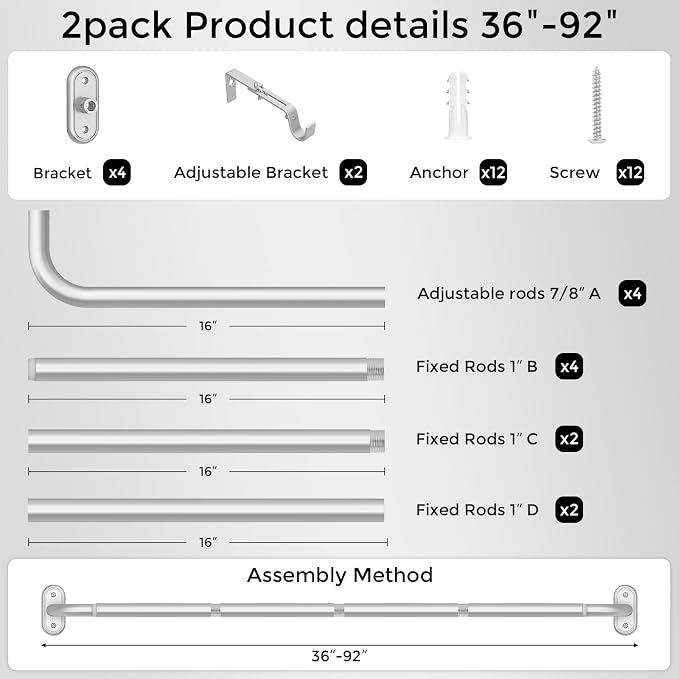 2 Pack Curtain Rods 36-88 Inch, 1 Inch Adjustable Heavy Duty Room Darkening - Image 7