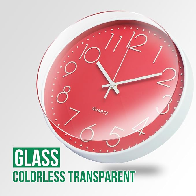 Wall Clock 12 Inch Non-Ticking Silent Modern Simple Style Round Decor Clock Red - Image 5
