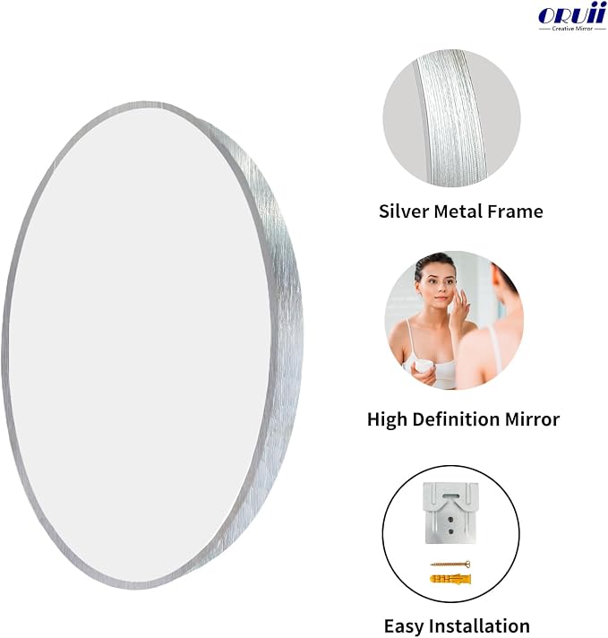 Oruii Silver Round Mirror, Round Mirror 24 inch Brushed Nickel, Circle Wall - Image 2