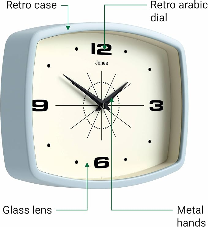 JONES CLOCKS® Movie wall Clock | Retro Rectangular Clock | 10 inch | Pale Blue - Image 6