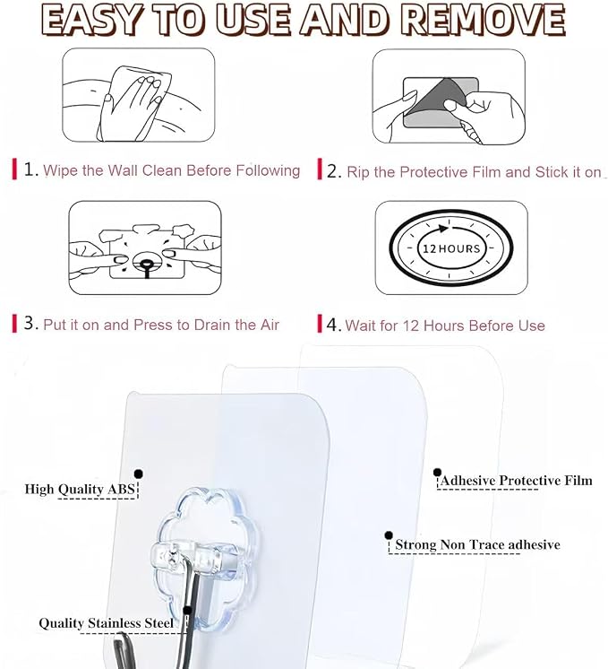 DDMY 100 Pack Heavy Duty Self Adhesive Hooks 50 lbs Transparent Reusable Sticky - Image 6