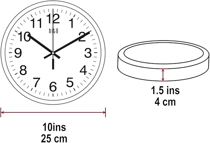 HITO 10” Silent Wall Clock Battery Operated Non Ticking Sweep Movement Glass - Image 2