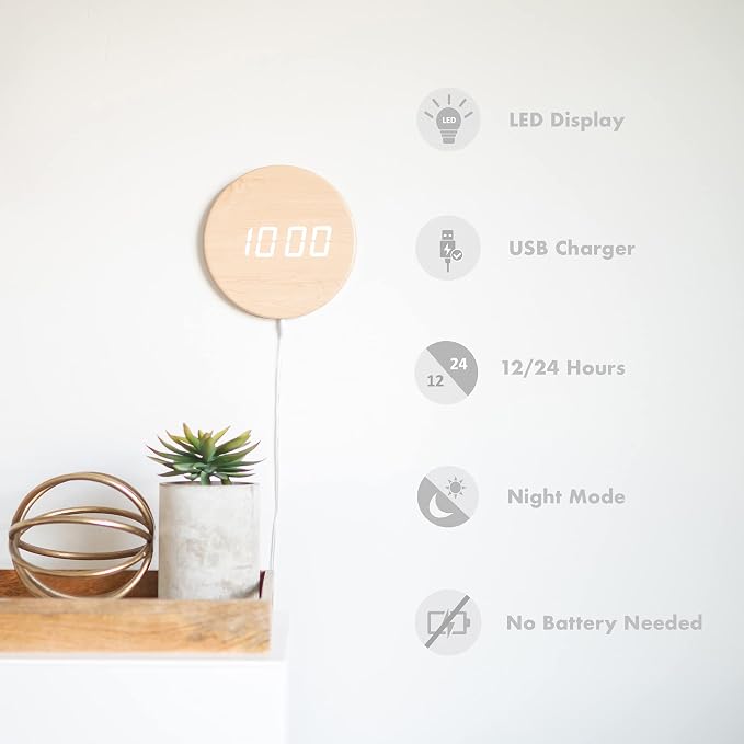 Minimalist LED Digital Wall Clock – USB Powered | Wooden, 12/24 Hour, Night Mode - Image 2