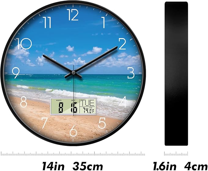 14" Silent Non-Ticking Modern Coastal Beach Wall Clock, Battery Operated Analog - Image 6