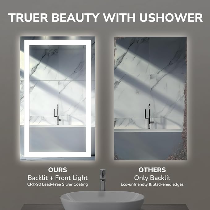 USHOWER LED Bathroom Mirror 28x36 Inch Tempered Glass - Image 3