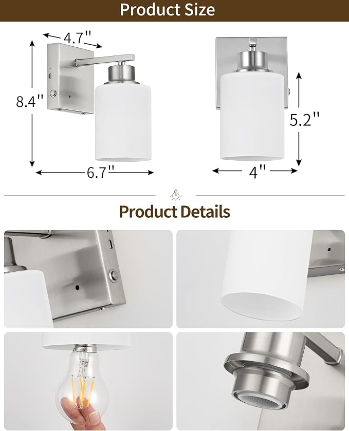 Rayogale Wireless Wall Sconces, Nickel Battery Operated Wall Sconce Set of 2 - Image 4