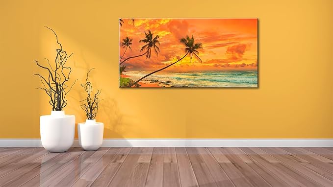 Tropical Beach Sunset Large Wall Art – Stretched & Framed Ocean Waves Canvas - Image 8