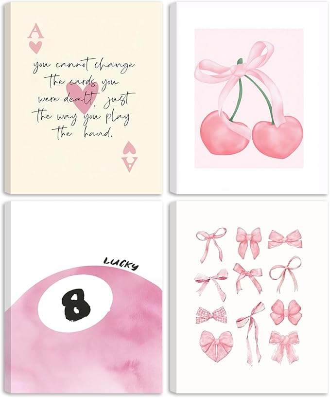 SEHSUVC Pink Coquette Y2K Lucky Wall Art Set of 4, Preppy Aesthetic Canvas by Unknown