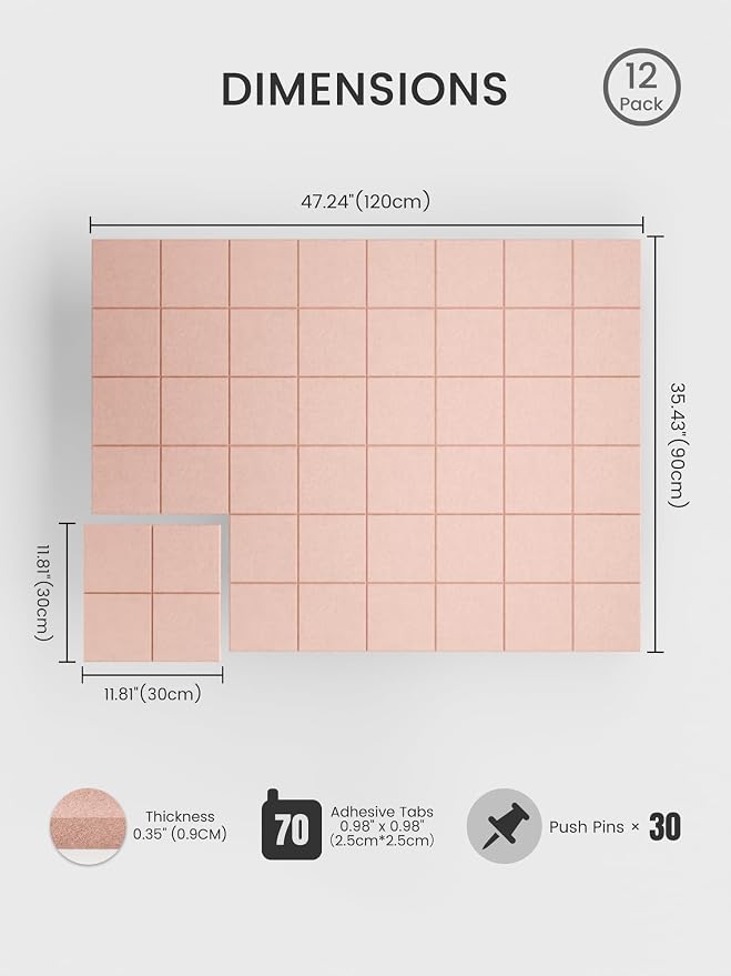 Bumusty Large Felt Bulletin Board, 30 Push Pins, 70 Adhesive Tabs - Image 2
