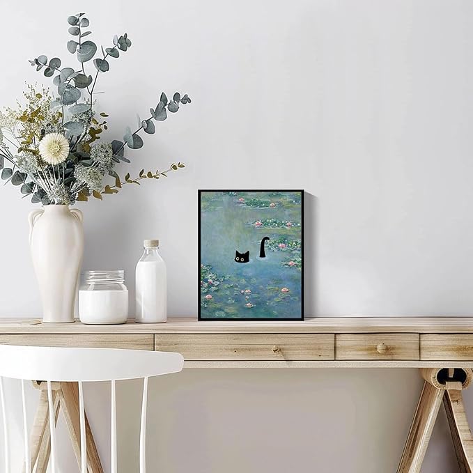 Hamduker Funny Black Cat Wall Art, Monet Art Water Lily Cat Wall Art Decor - Image 5