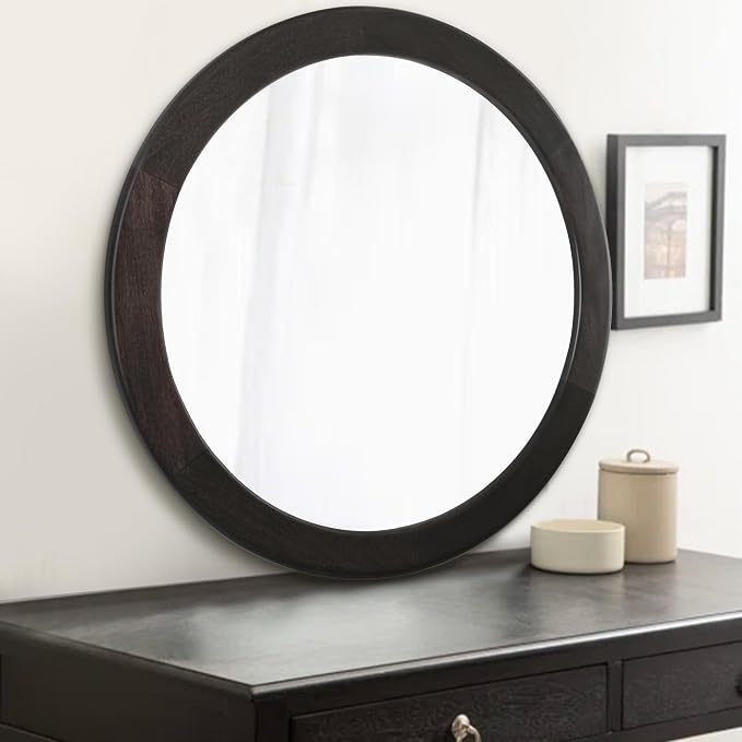 CULER Round Mirrors 30 Inch, Wood Vanity Wall Rustic Mirror - Image 4