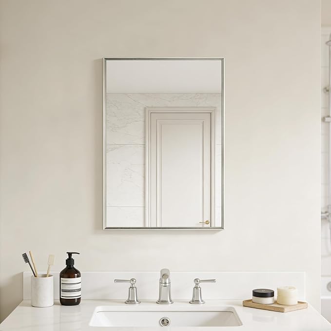 Bathroom Mirror for Wall, 16x24 Inch Metal Framed Mirror, Brushed Nickel - Image 5