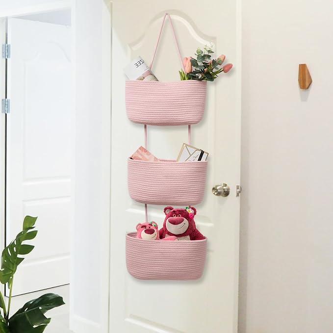 TeoKJ Over the Door Hanging Basket, 3-Tier Woven Cotton Wall-Mounted Storage - Image 7