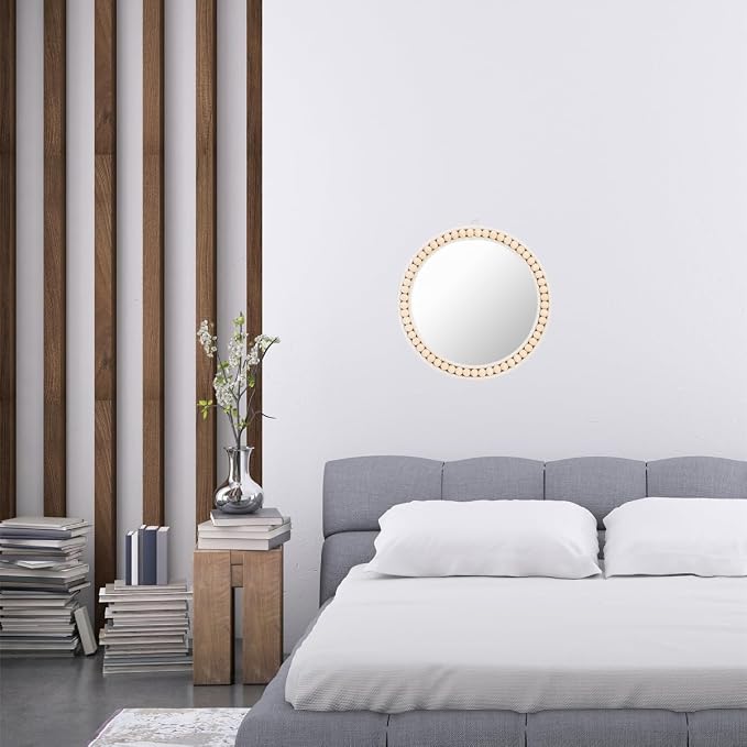 Eorbow Boho Wall Mounted Mirror, 12 Inch Round Wooden Bead Hanging Mirrors - Image 6