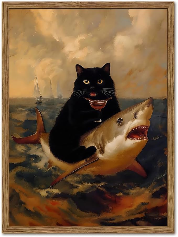 Funny Black Cat Wall Art Whimsical Cat Riding a Shark Wall Decor Picture Unique by YYNISPINWallArt