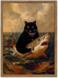 Funny Black Cat Wall Art Whimsical Cat Riding a Shark Wall Decor Picture Unique by YYNISPINWallArt