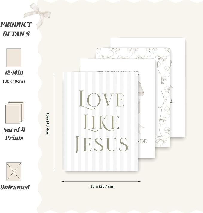 LARTSFRO Coquette Beige Bow Jesus Wall Art Decor Posters, Inspirational Bible - Image 2
