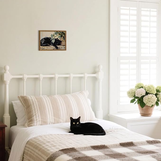 Framed Black Cat Canvas Wall Art, Vintage Sleeping Cat - Image 5
