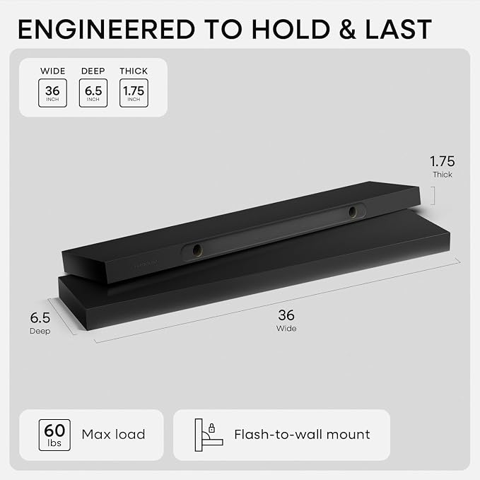 Homeforia Black Floating Shelves 36 inches Long, High End Solid Real Wood 36 - Image 2