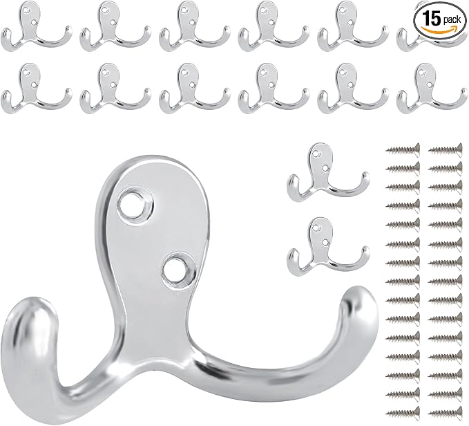 15 Pack Coat Hooks Wall Hooks for Hanging, Heavy Duty Double Prong Metal Hook by CBWLWJ