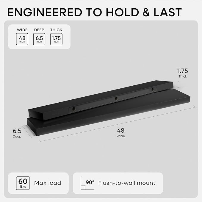 Homeforia Black Floating Shelf 48 inches, High End Solid Real Wood 48 inch Long - Image 2