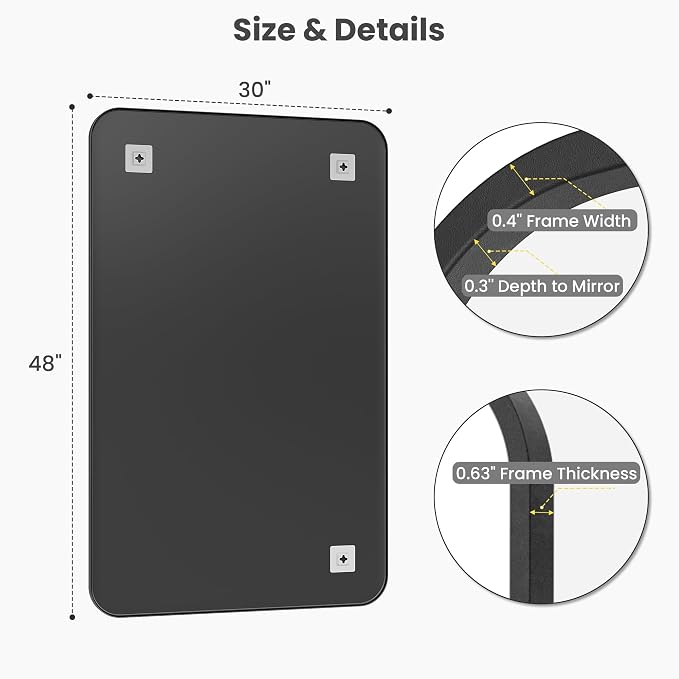30x48 Inch Oversized Matte Black Bathroom Vanity Mirrors | Flush Mount Deep Set - Image 7