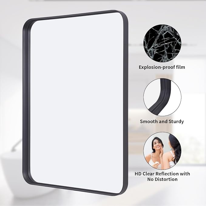 VooBang Bathroom Mirror 24x36 inch, Modern Round Corner Bathroom Vanity Mirror - Image 3