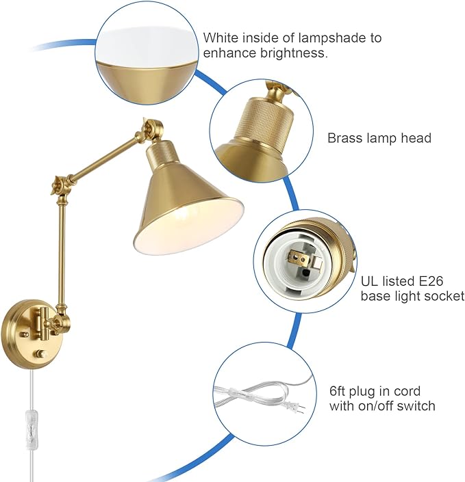 TRLIFE Wall Sconces Plug in, Dimmable Wall Sconces Brushed Brass Swing Arm Wall - Image 4