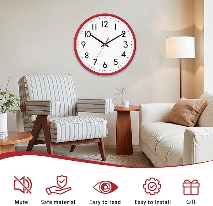 HZDHCLH Wall Clock Red, Silent Wall Clocks Battery Operated 10 Inch Modern Non - Image 2