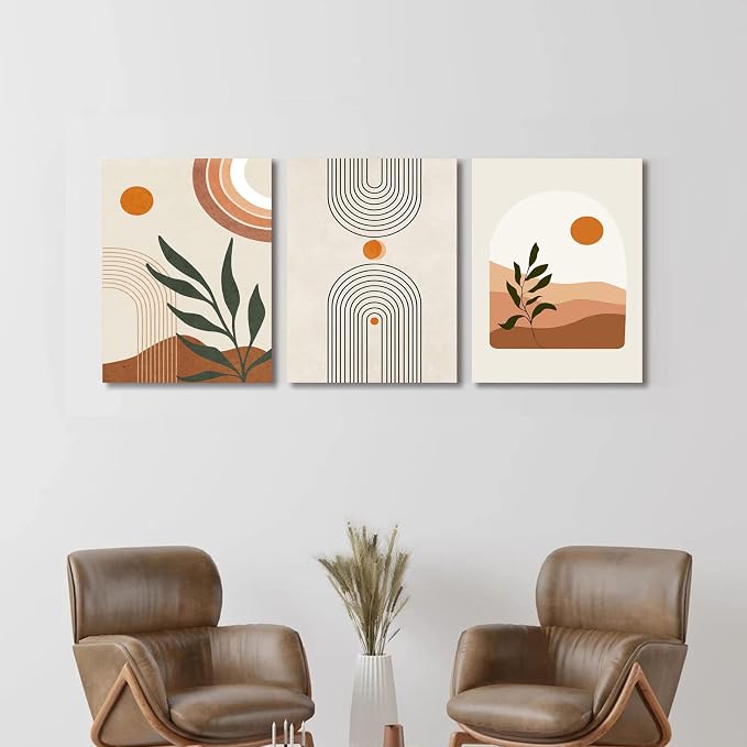 Boho Wall Art Set of 3, MidCentury Modern Wall Prints Framed Canvas Paintings - Image 5
