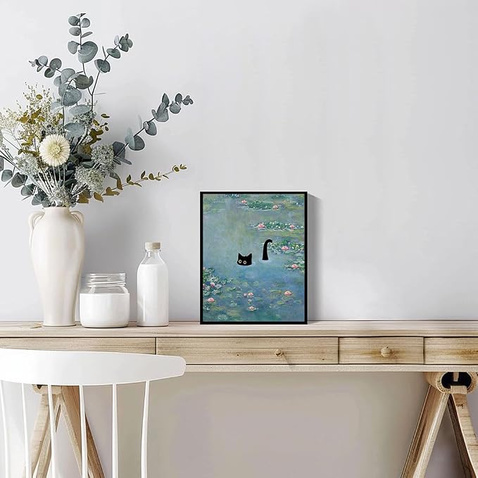 Hamduker Cat Wall Art Monet Prints Vintage Canvas Wall Art Funny Cat in Water - Image 4