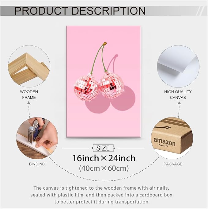Funky Pink Cherry Poster Retro Disco Ball Canvas Wall Art 16X24 inch Framed - Image 2