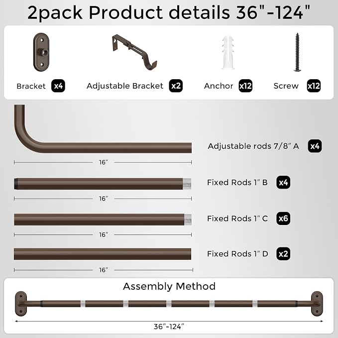 2 Pack Curtain Rods 36-120 Inch, Bronze Wrap Around Blackout Curtain Rods - Image 7