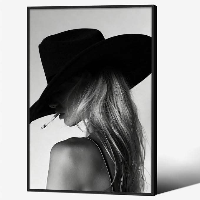 Trendy Black And White Black Framed Wall Art Cool Western Woman Smoking Prints by FuSatisYilife