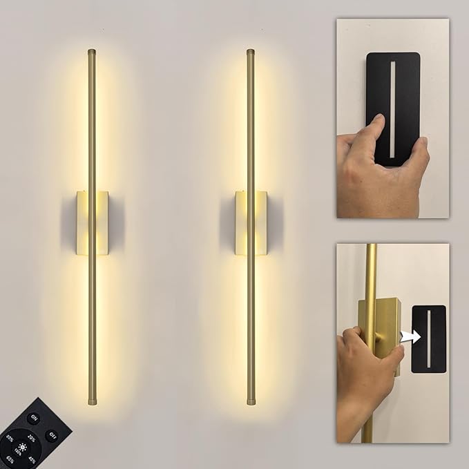 Set of 2 Battery Powered Linear Tube Rechargeable Gold Wall Sconce, Modern by UniqueSleekLamps