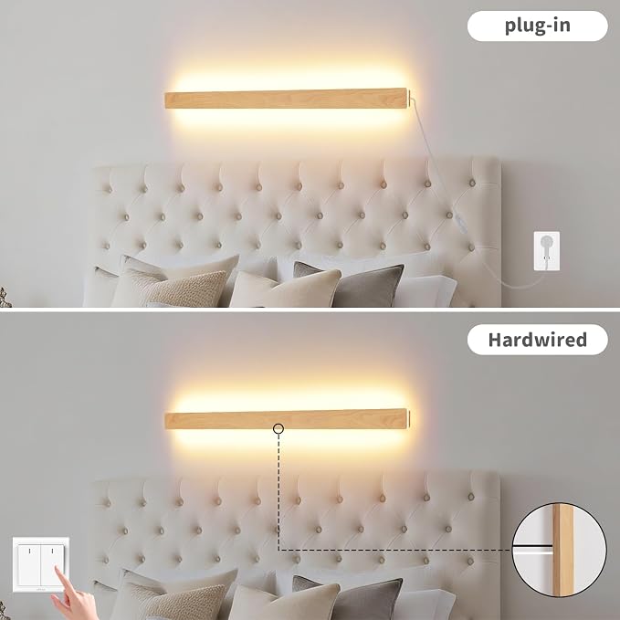 Modern Plug in Long Wall Sconce, 31.4 inch Faux Wood Texture Finish LED Wall - Image 4