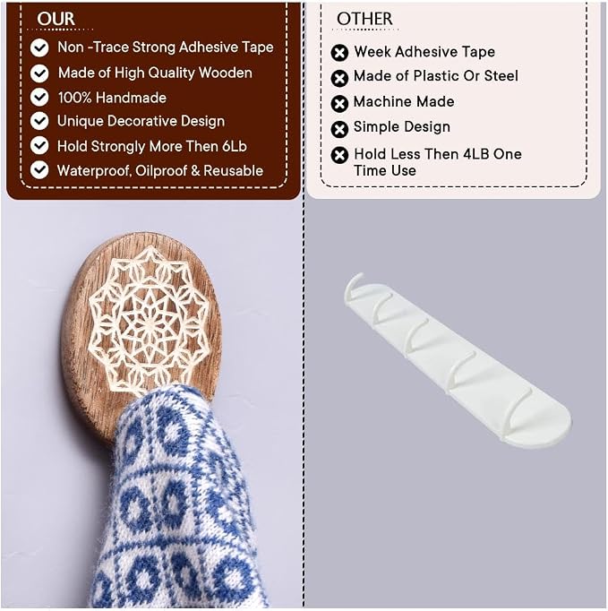 IndianShelf 6 Lb- 24 Pieces Decorative Wood Adhesive Wall Hooks–Boho Peel and - Image 4