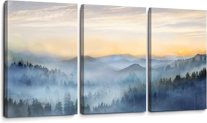 Wall Decor for Bedroom 3 Panel Sunrise Misty Forest Print Picture Paintings by YJYart