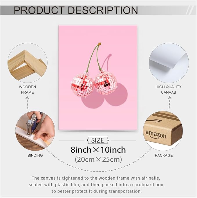 Funky Pink Cherry Poster Retro Disco Ball Canvas Wall Art 08x10 inch Framed - Image 2