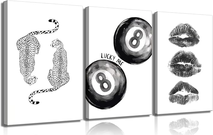 BOKPEN Trendy Black and White Leopard Canvas Wall Art, Funky Y2k Lucky 8 Ball by bokpen