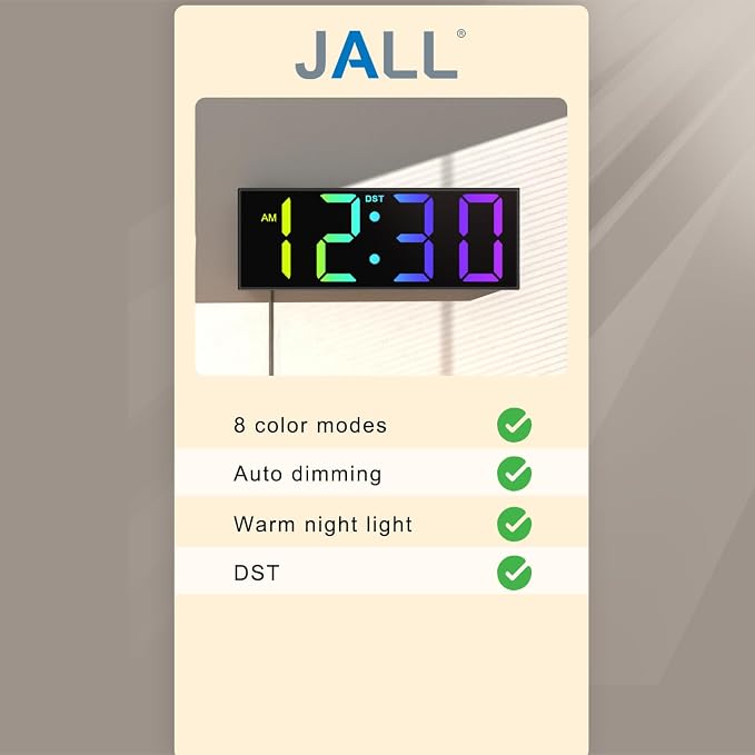 JALL 12'' Large Digital Wall Clock, Big LED Number Dispaly, RGB Colors - Image 8