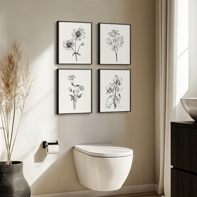 Framed Black and White Bathroom Wall Art, 4 Piece Vintage Floral Canvas Prints - Image 2