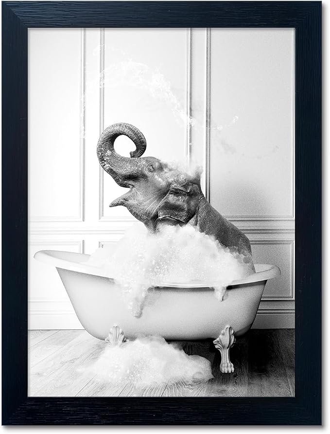 Framed Elephant Wall Art Black and White Bathroom Wall Decor Funny Animal by Melpa+Art