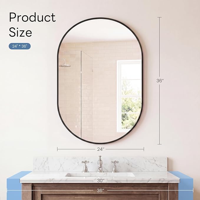 DUMOS 24" x 36" Oval Bathroom Mirror, Tempered Glass, Morden Vanity Mirror - Image 3