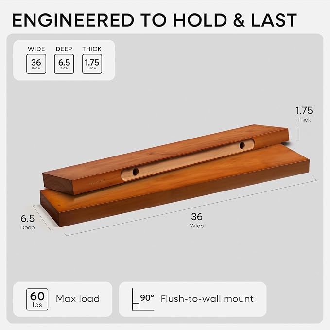 Homeforia Oak Floating Shelves 36 inches Long, High End Solid Real Wood 36 inch - Image 2