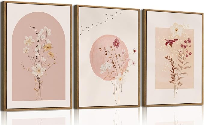 KISSFOX 3 Piece Framed Wall Art Botanical Wall Decor Pink Flower Pictures by KISSFOX