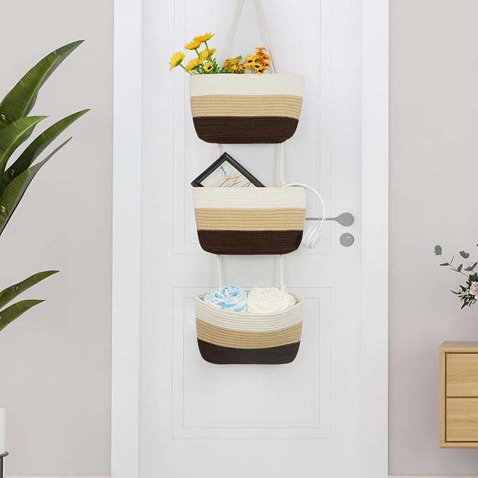 TeoKJ Over the Door Hanging Basket, 3-Tier Woven Cotton Wall-Mounted Storage - Image 3